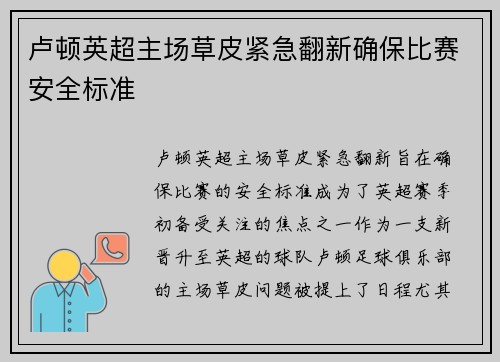 卢顿英超主场草皮紧急翻新确保比赛安全标准