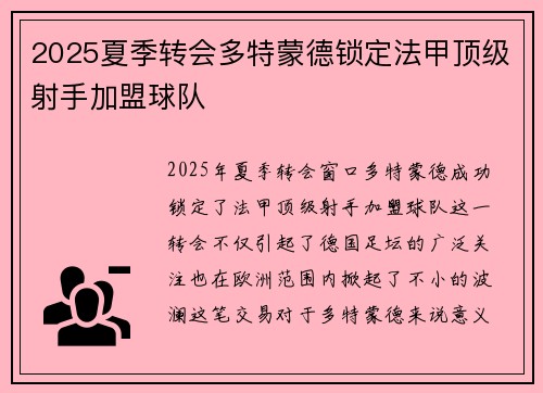 2025夏季转会多特蒙德锁定法甲顶级射手加盟球队